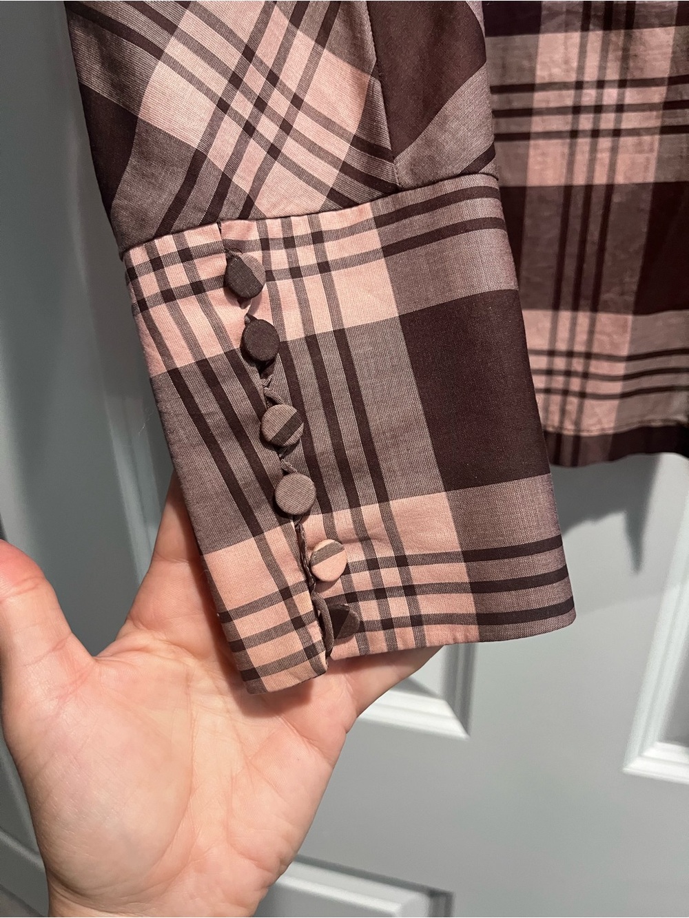 Silvia Tcherassi Pink and Burgundy Plaid Lace-Trim Puff Sleeve Blouse - Picture 8 of 8